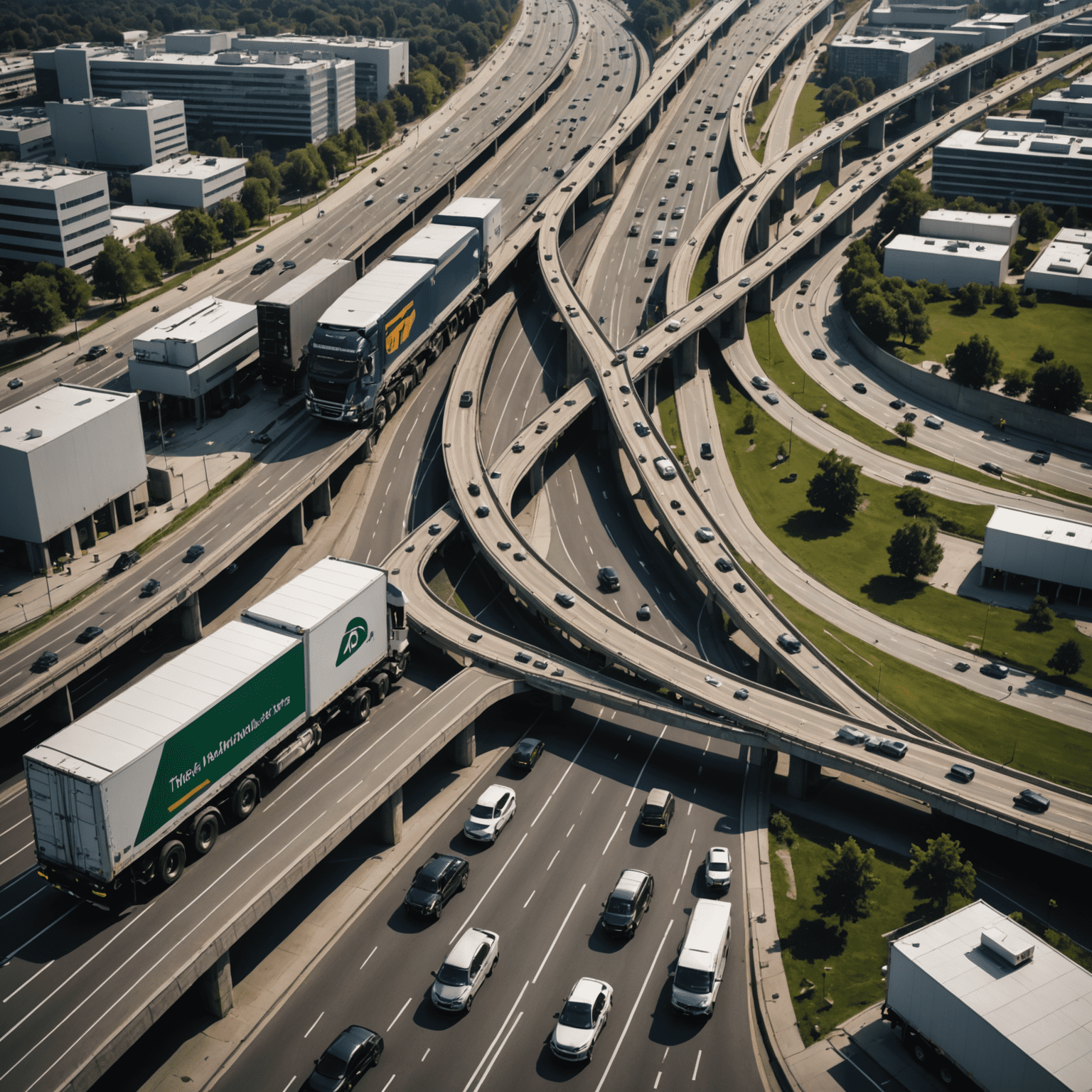 A map with multiple optimized routes highlighted, showing trucks navigating through cities and highways efficiently. The image displays real-time traffic data and alternative route suggestions.